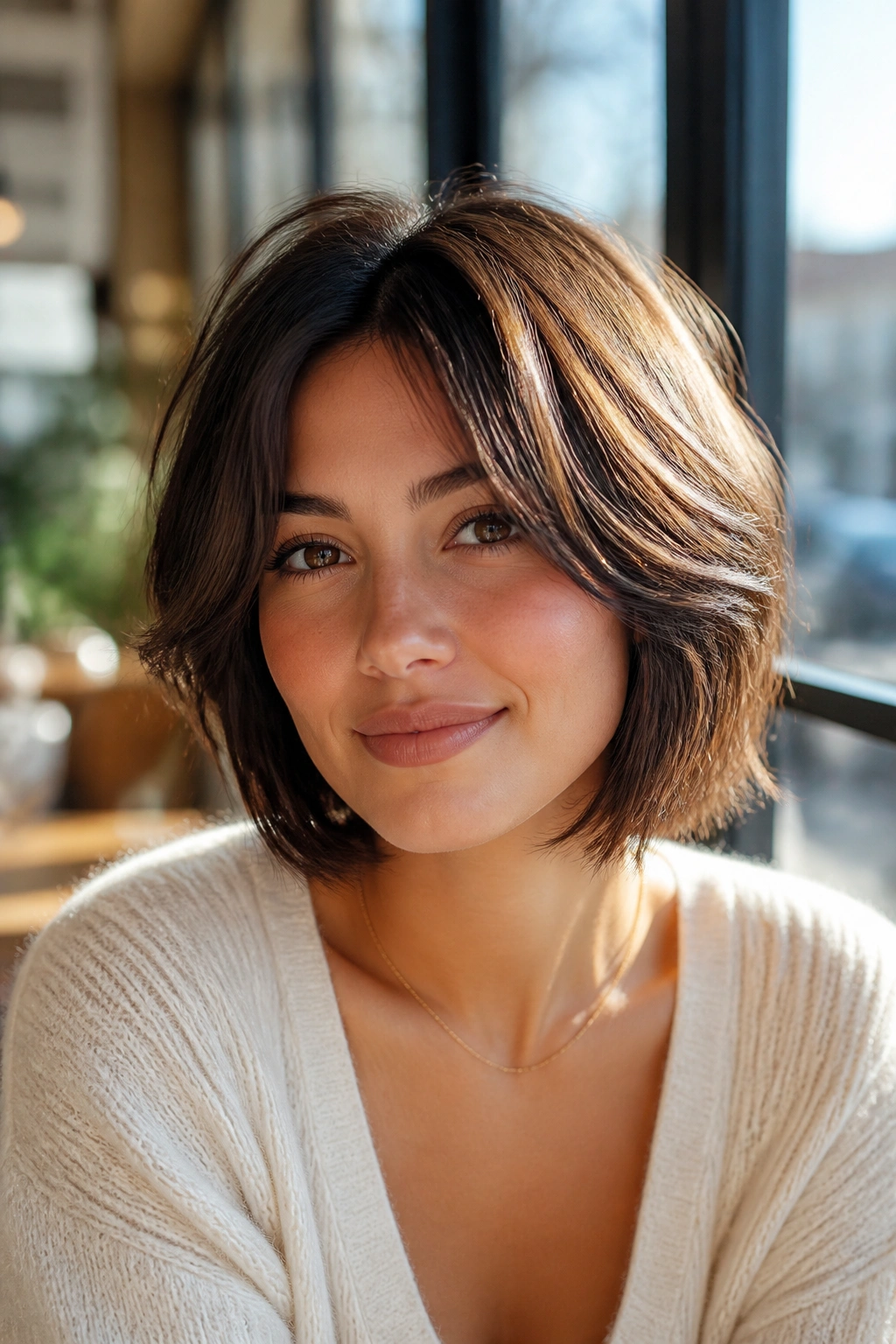 Close-up of a woman with a feathered bob and face-framing layers in warm light