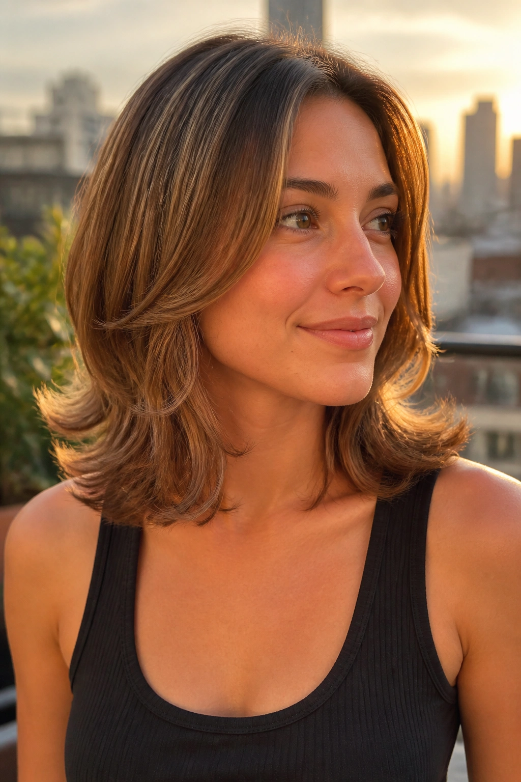 Woman with feathered flip ends at the shoulders on an urban terrace at dusk.
