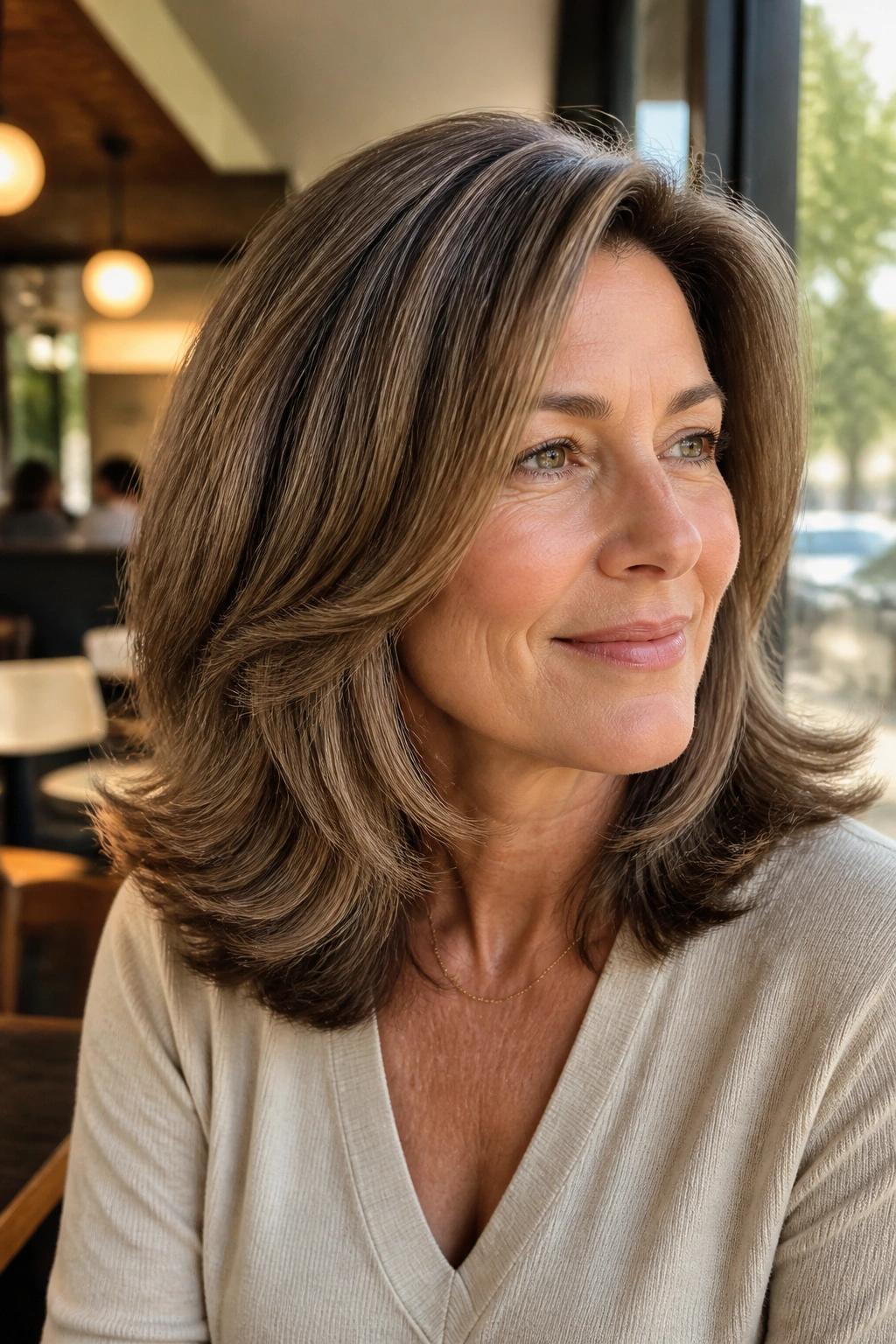 Portrait of a real woman with feathered ends flip and subtle volume, in warm cafe daylight
