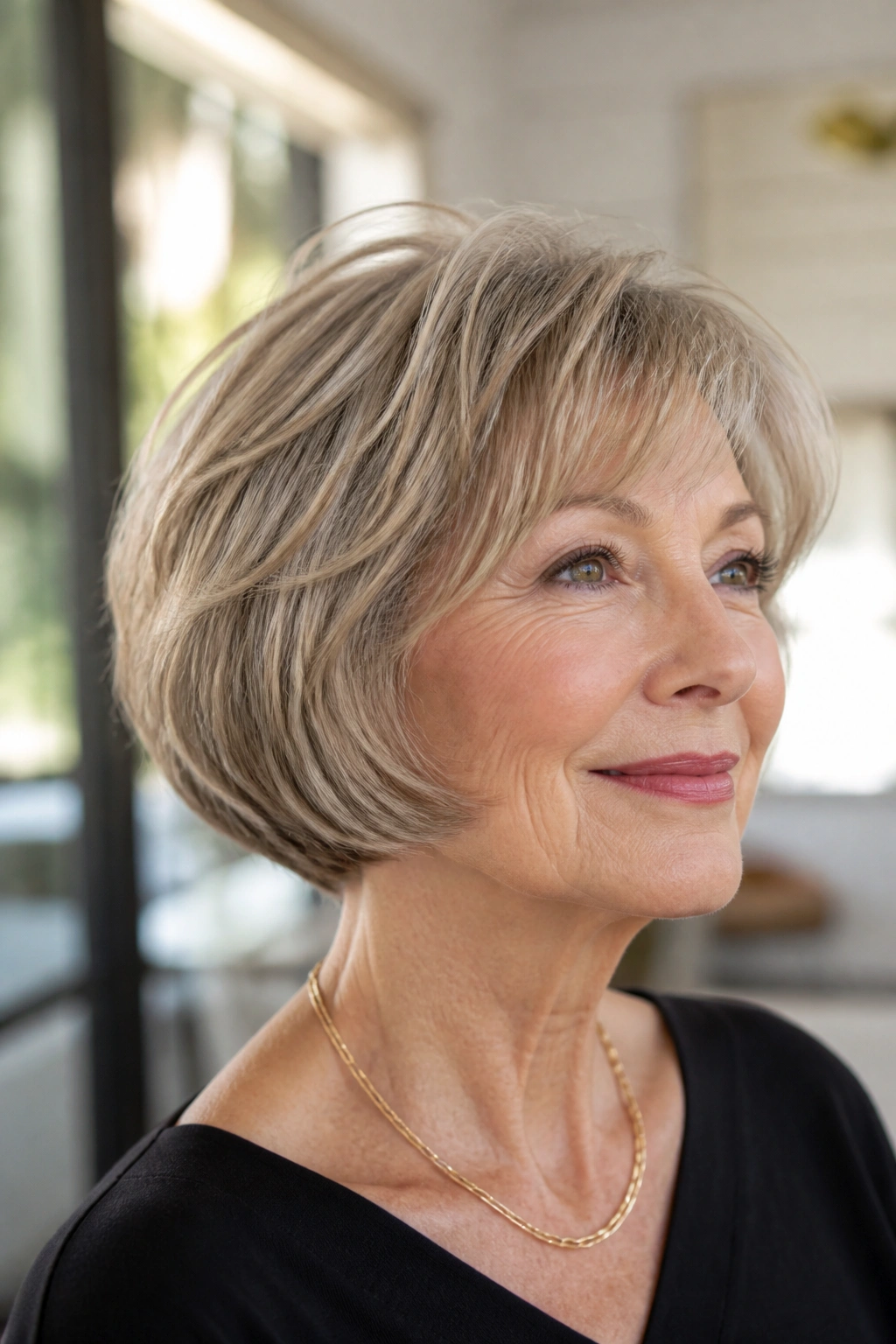 Close-up of a real woman with a feathered French bob for fine hair in bright light