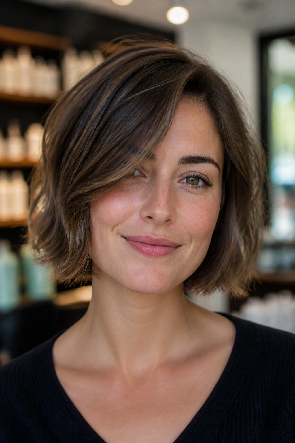 Close-up portrait of a real woman with a feathered French bob and soft ends in warm salon light