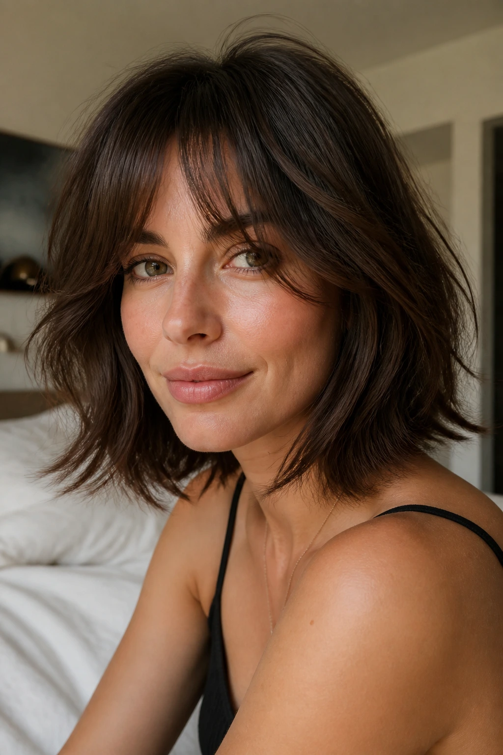 Close-up of a woman with feathered fringe bob