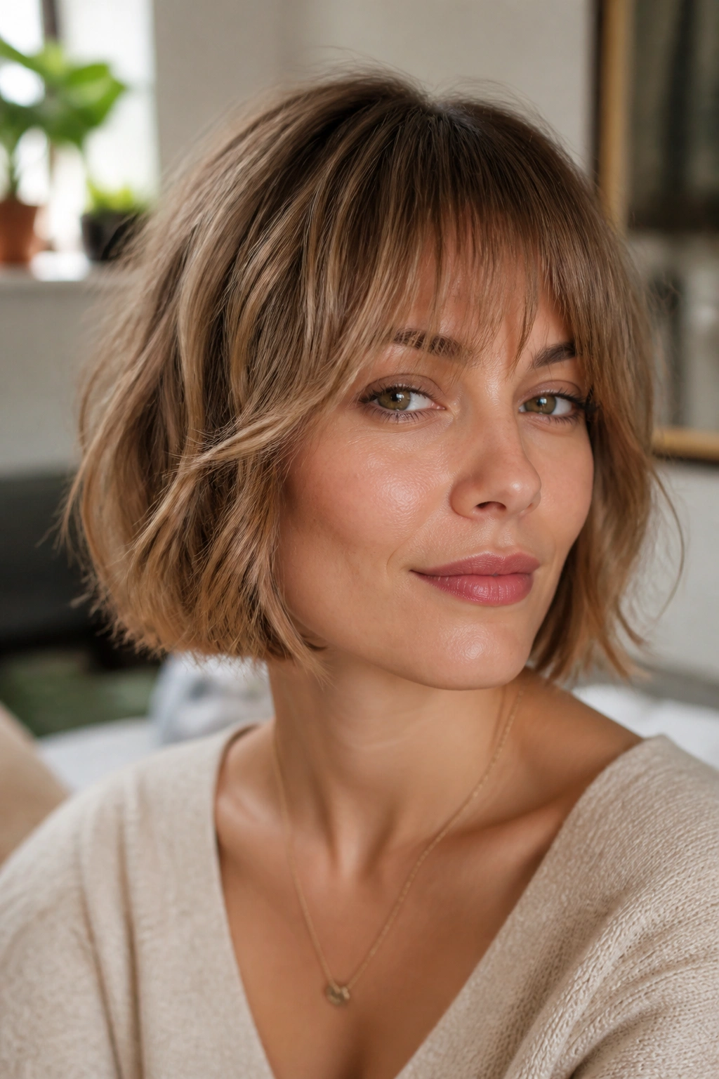 Real woman with feathered fringe cheek-length bob in soft natural light
