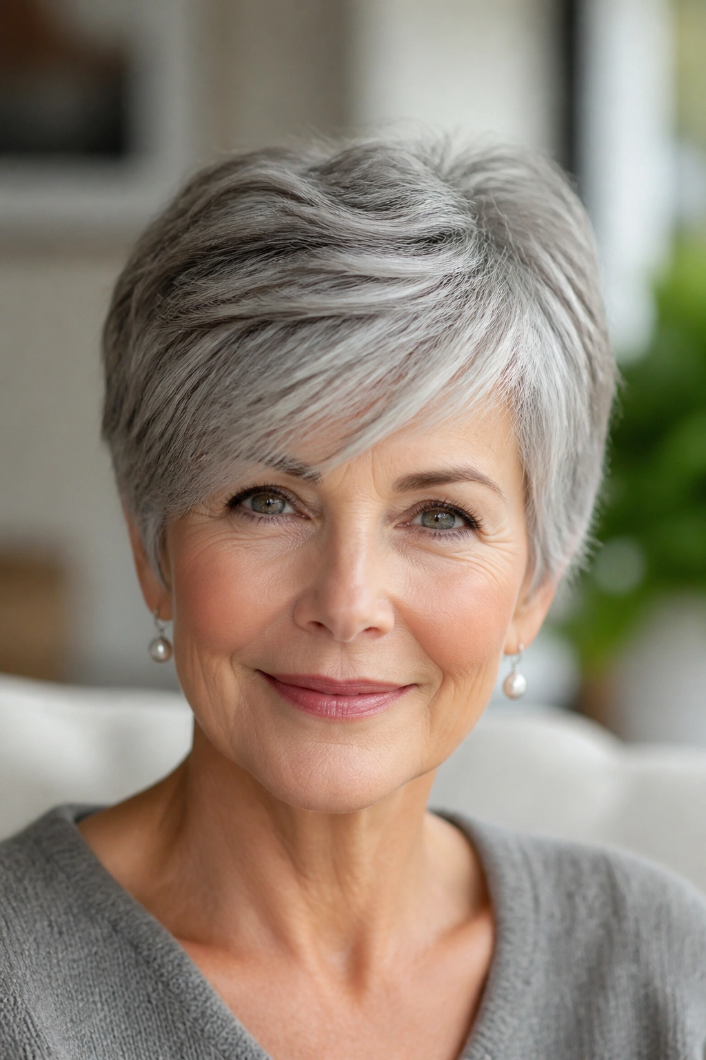 Close-up of a gray-haired woman with a feathered crop and side-swept fringe