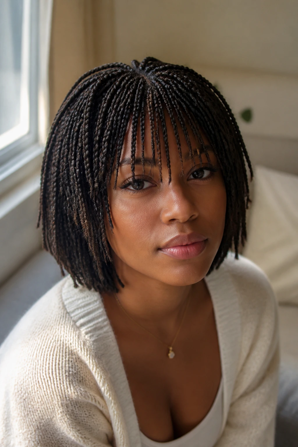 Real woman with feathered layered fringe and short box braids
