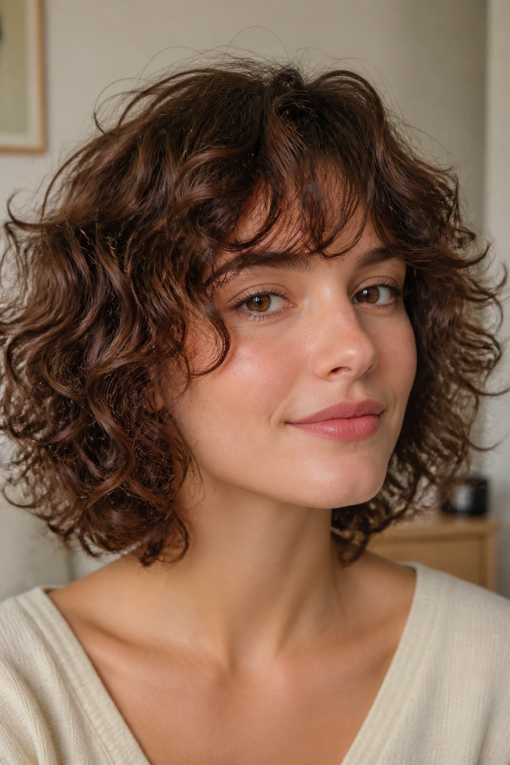 Close-up of a real woman with a feathered fringe perm, airy curls framing the face