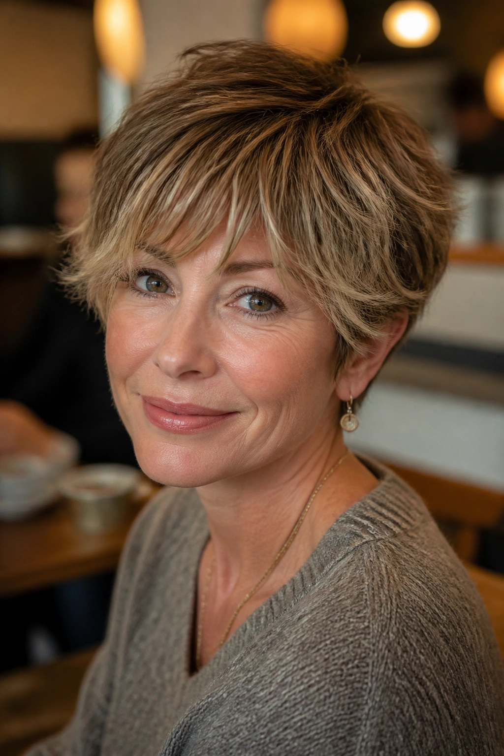 Portrait of a real woman with feathered fringe pixie against a warm cafe background