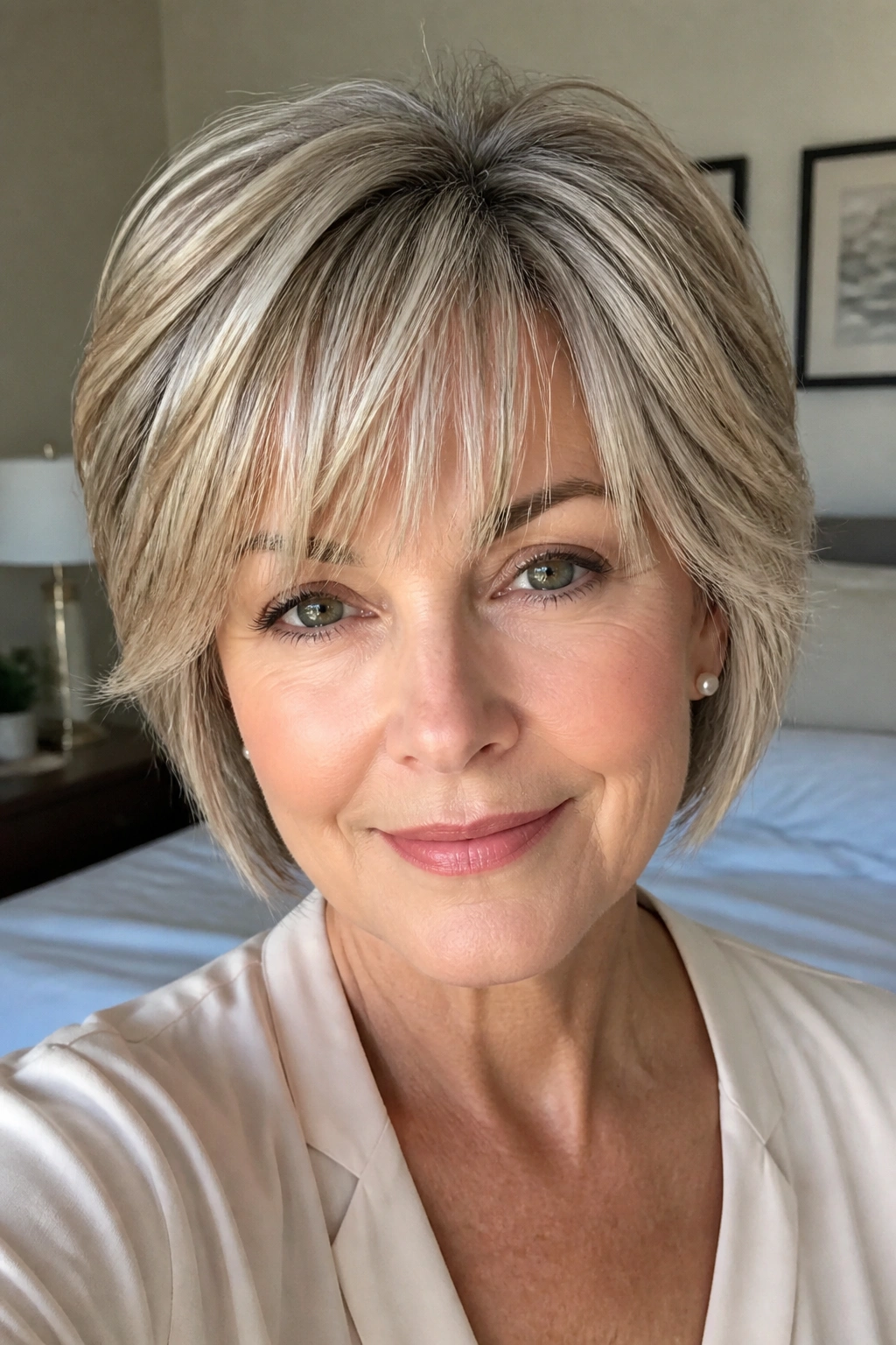 Older woman with feathered fringe framing eyes