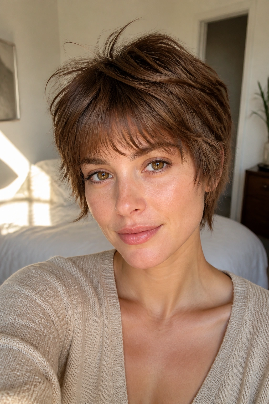 Close-up portrait of a real woman with feathered fringe on a shaggy pixie in a cozy bedroom.