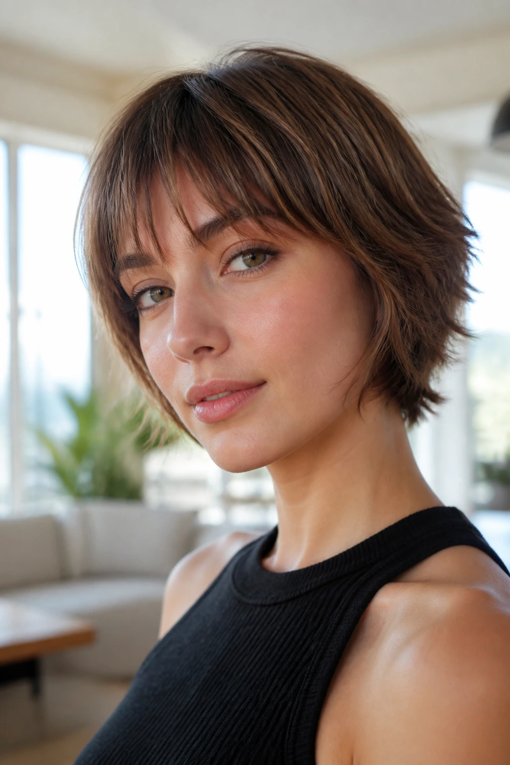 Close-up portrait of a real woman with feathered fringe in bright room