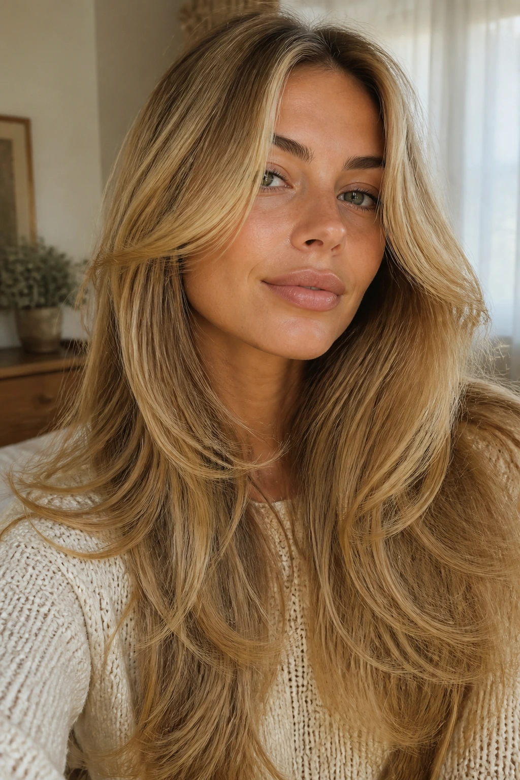 Close-up of a real woman with feathered honey blonde long layers framing her face.