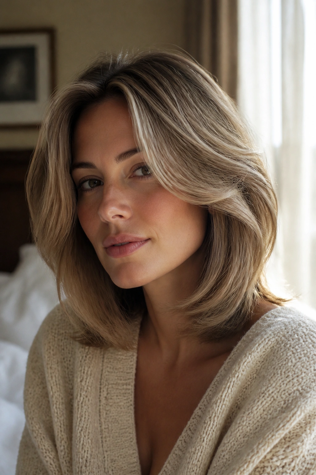 Close-up portrait of a woman with feathered mid-length blowout framing the face