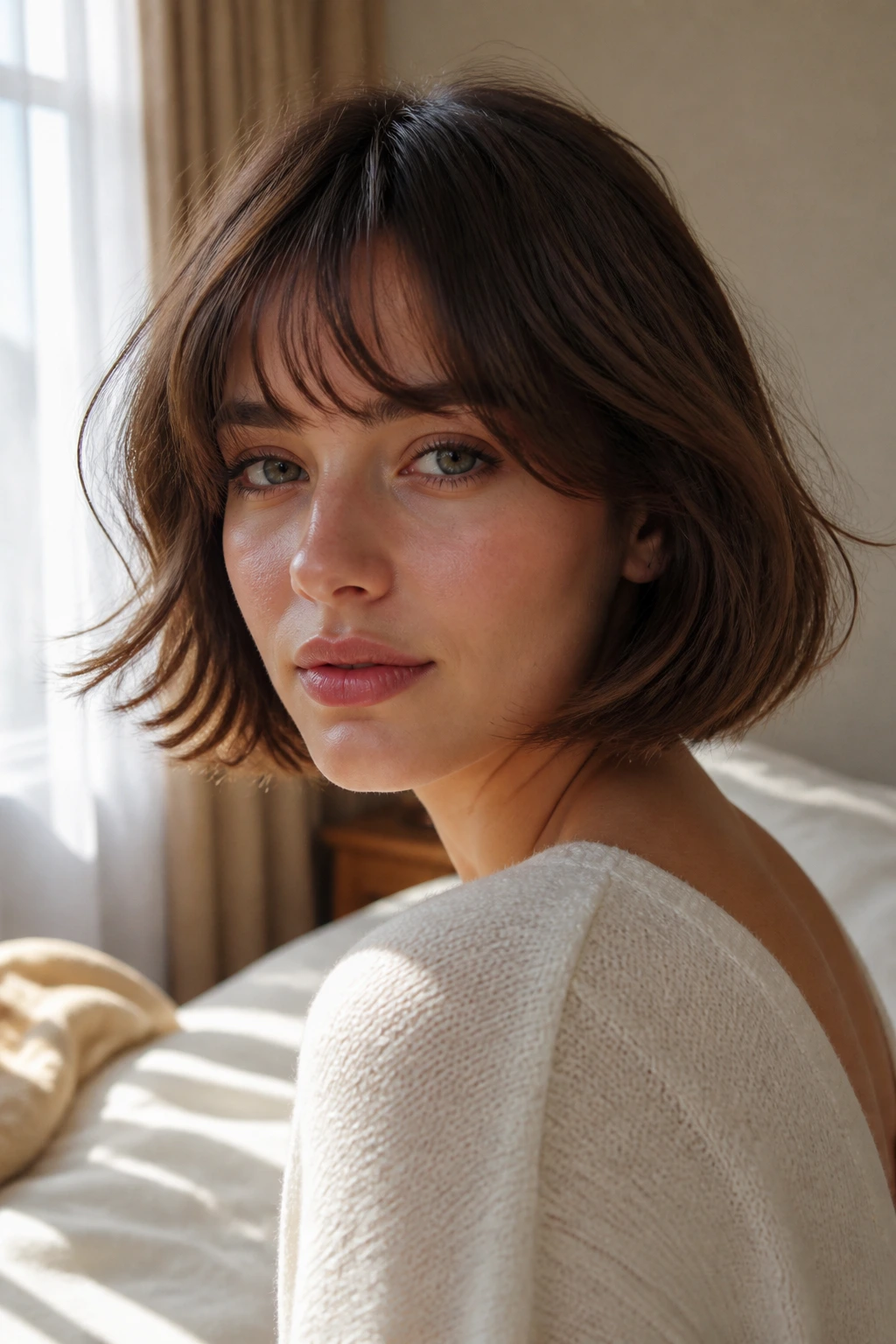 Close-up of a woman with feathered Italian bob and light bangs in a sunlit bedroom