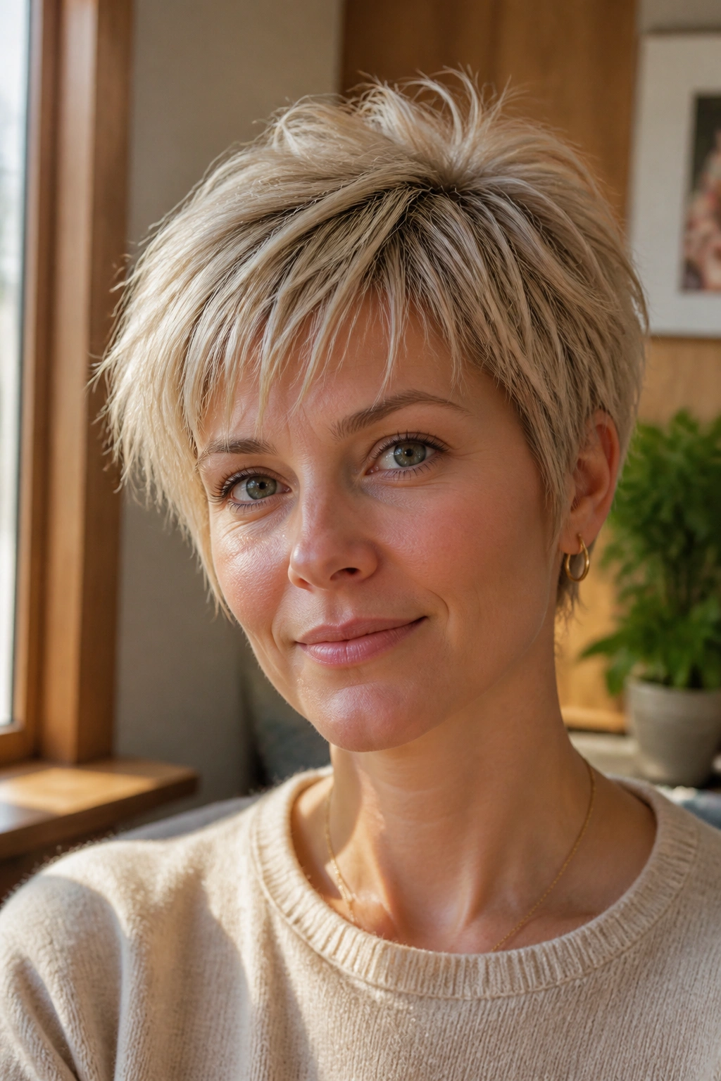 Woman with feathered layer pixie, airy top and sides, wispy ends in a sunlit room.