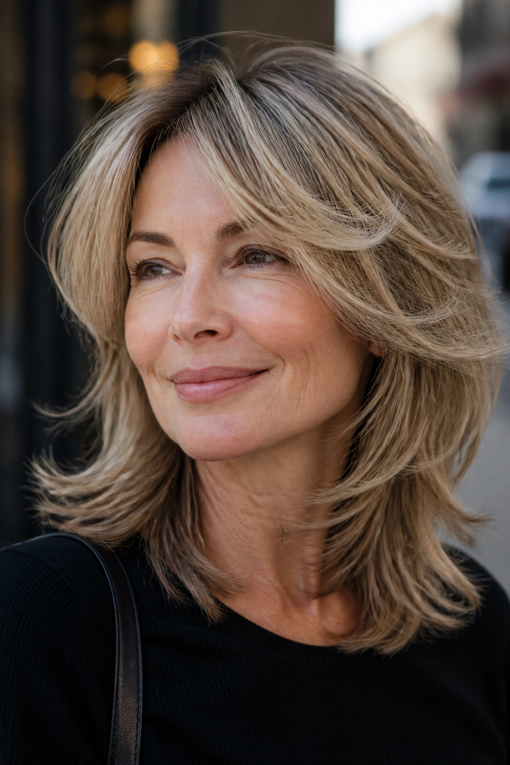 Close-up of a real woman with feathered layered hair around the face.