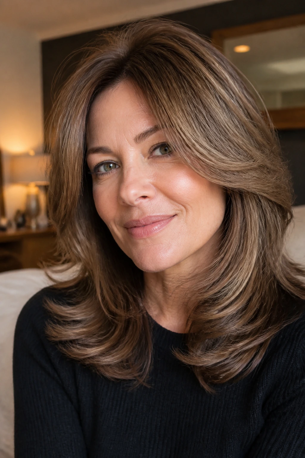 Portrait of a real woman with feathered layers and soft blowout, light and airy look.
