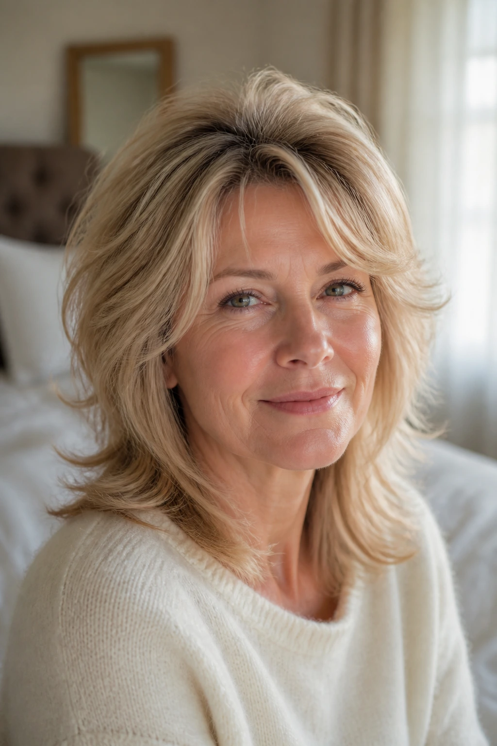 Close-up of a real woman with feathered layers and crown volume in medium-length hair