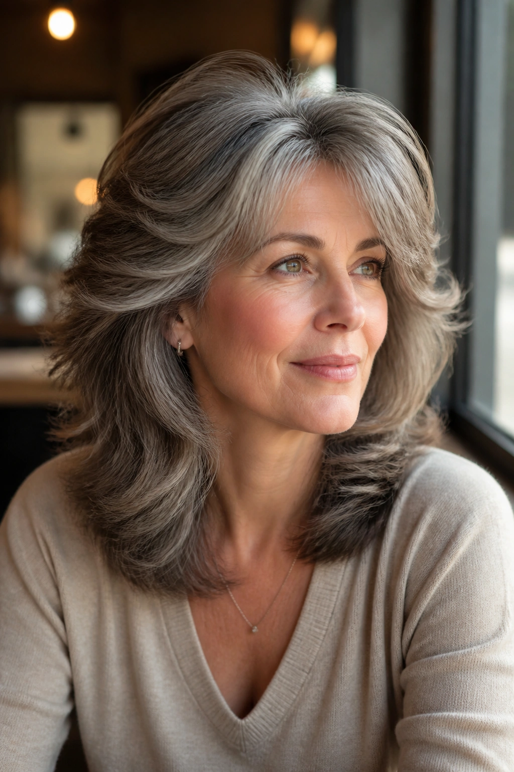 Close-up of real woman with feathered layers and crown volume in cafe daylight