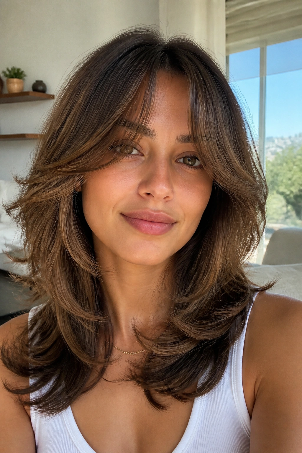 Close-up portrait showing feathered layers and curtain bangs on a real person in bright daylight