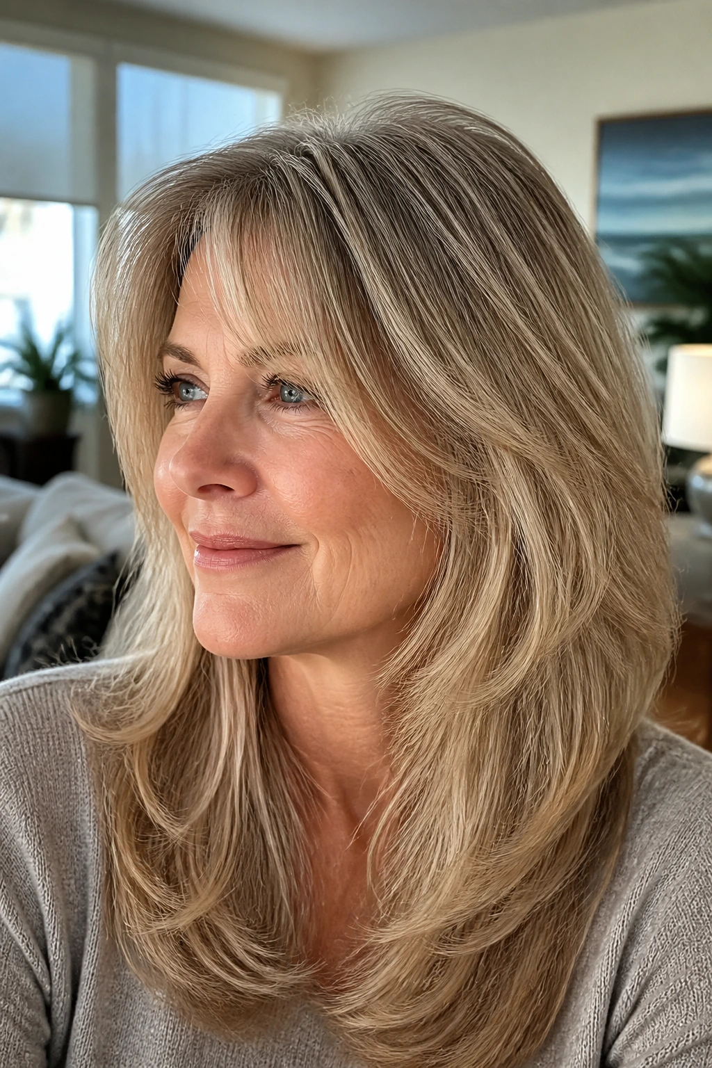 Close-up of a real woman with feathered layers on fine hair, crown lift and face framing.