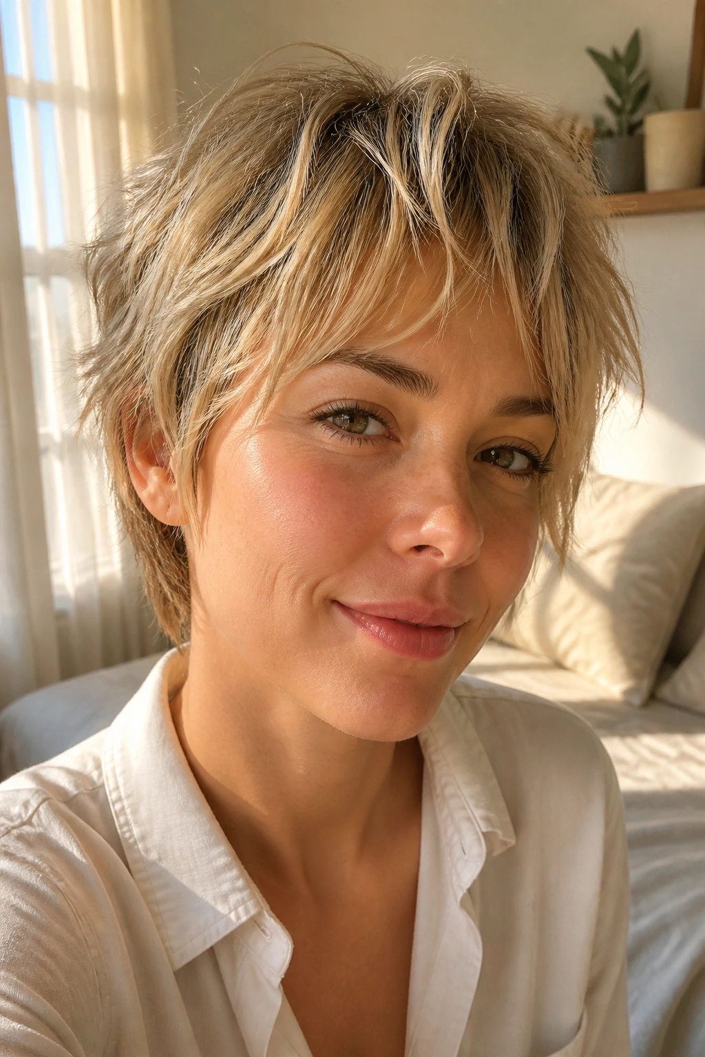 Close-up of a real woman with feathered layers in fine hair
