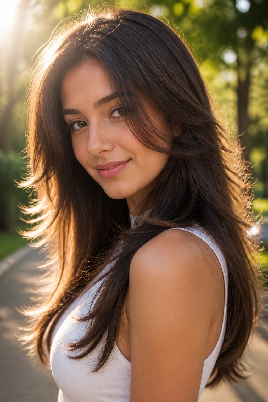 Close-up of a real woman with feathered layers and flicked ends in golden hour light.