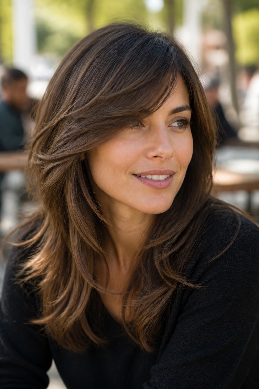 Close-up of a real woman with feathered layers and side-swept fringe in natural light