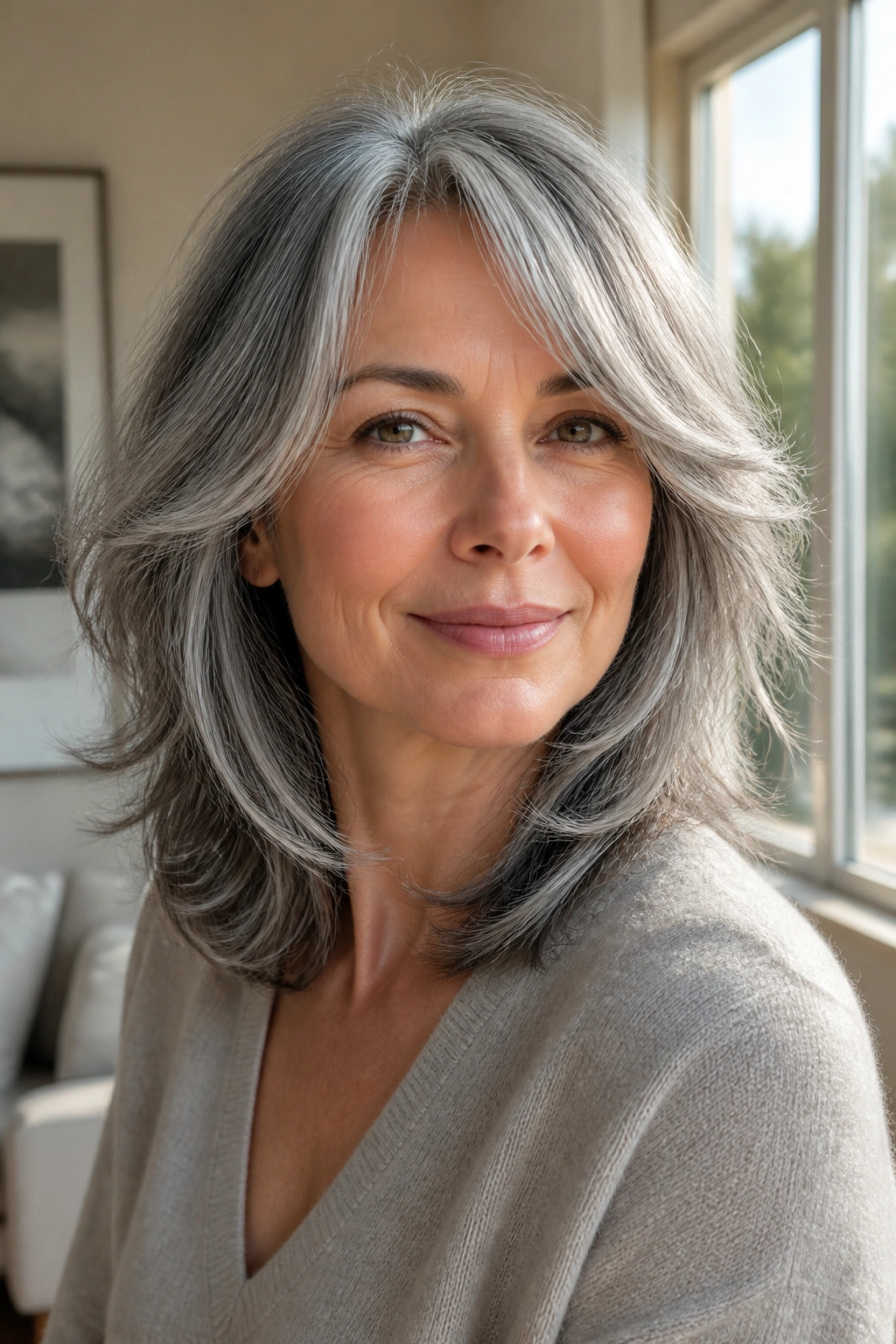 Close-up of a woman with feathered layers in grey hair
