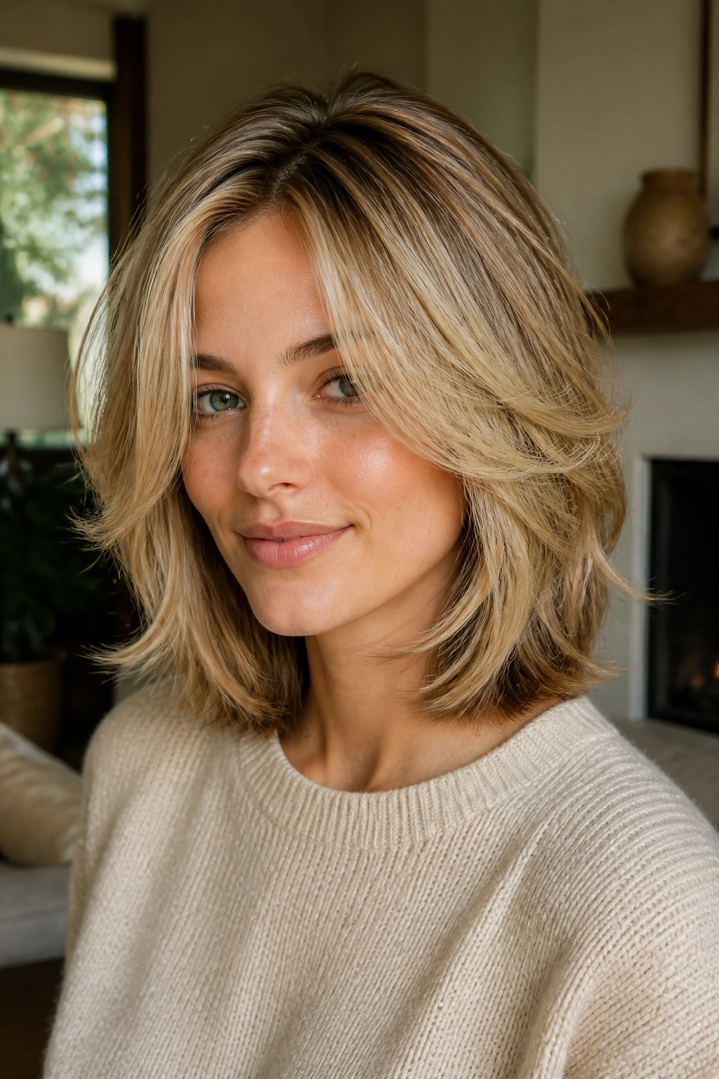 Close-up of a real person with feathered layers hairstyle and soft flip in warm window-light living room