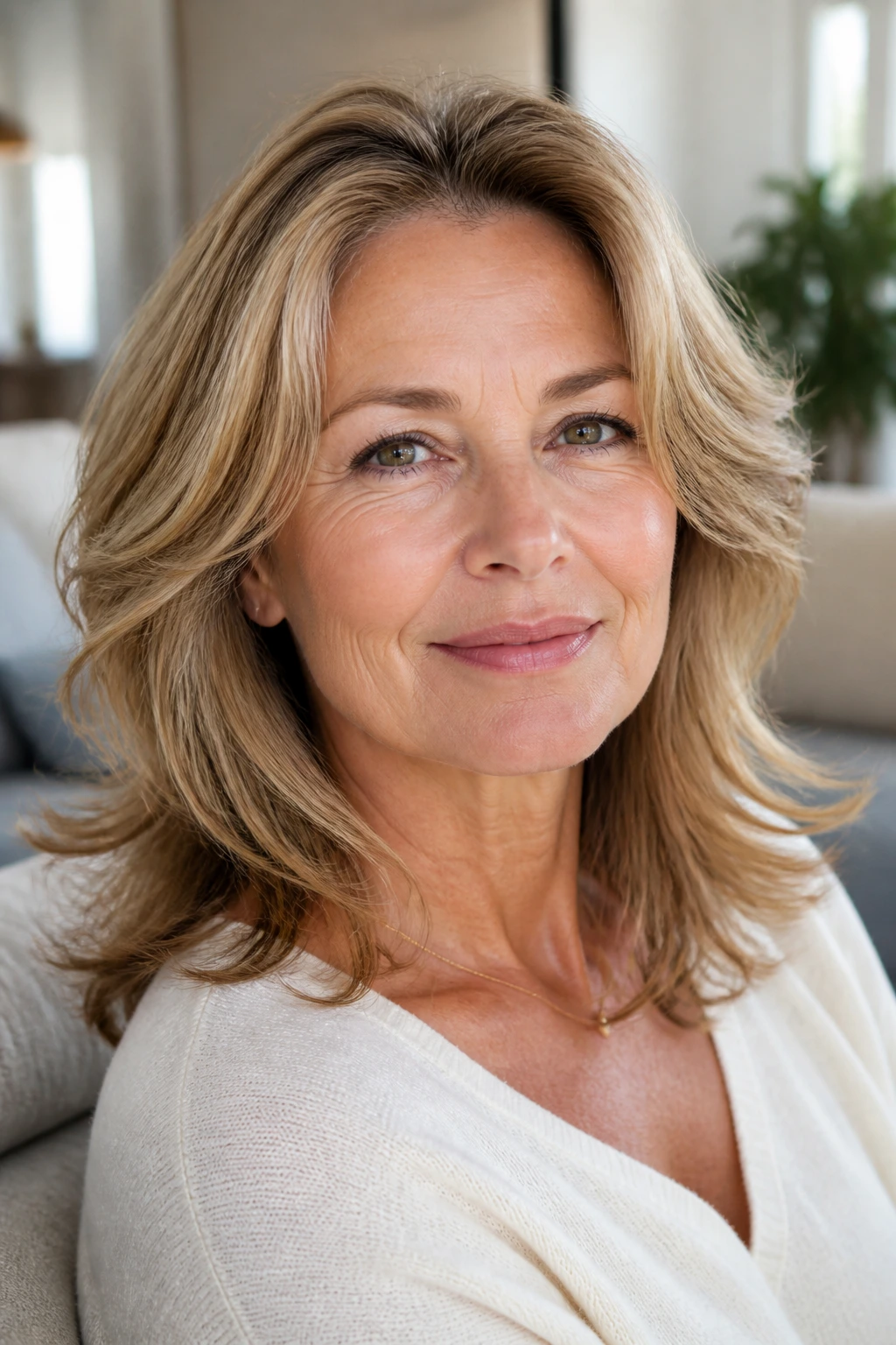 Feathered layers hairstyle on real woman with movement away from face.
