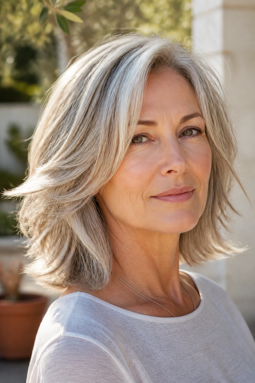 Close-up of a real woman with feathered shoulder-length layers and soft movement