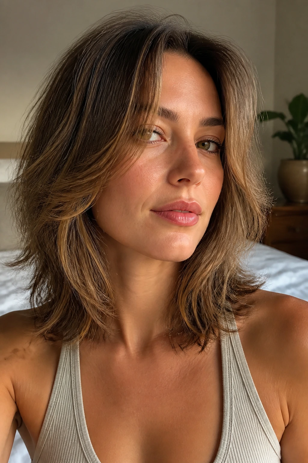 Close-up of a real woman with feathered layers at jawline, soft light