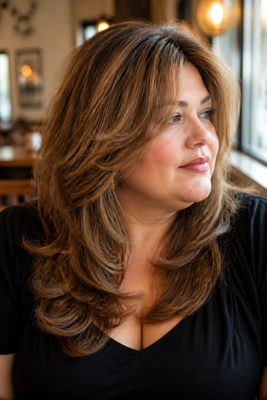 Close-up portrait of a real woman with feathered layered hair creating rounded volume