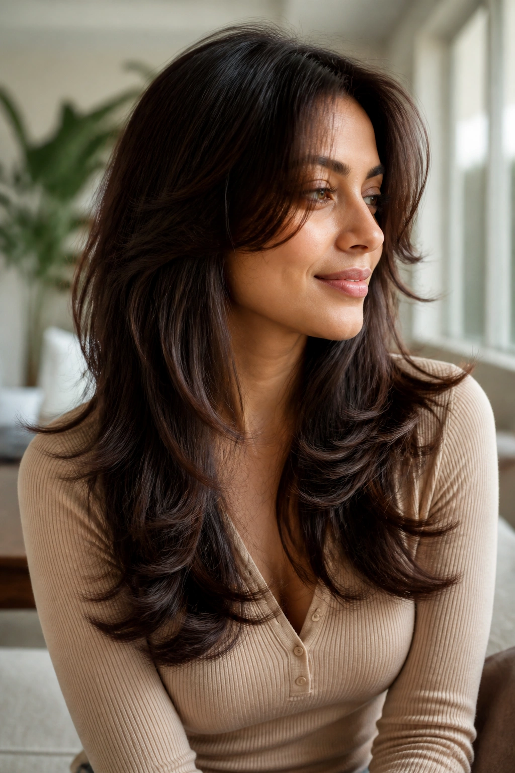 Medium close-up of a woman with feathered layers flicking out at the ends, natural light.