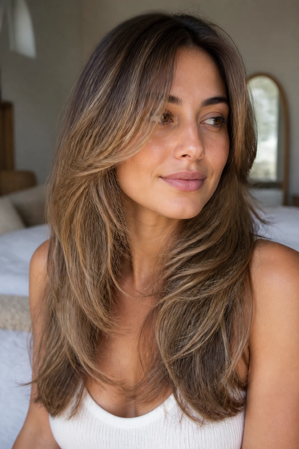 Close-up of a woman with feathered layers framing the face in natural window light.