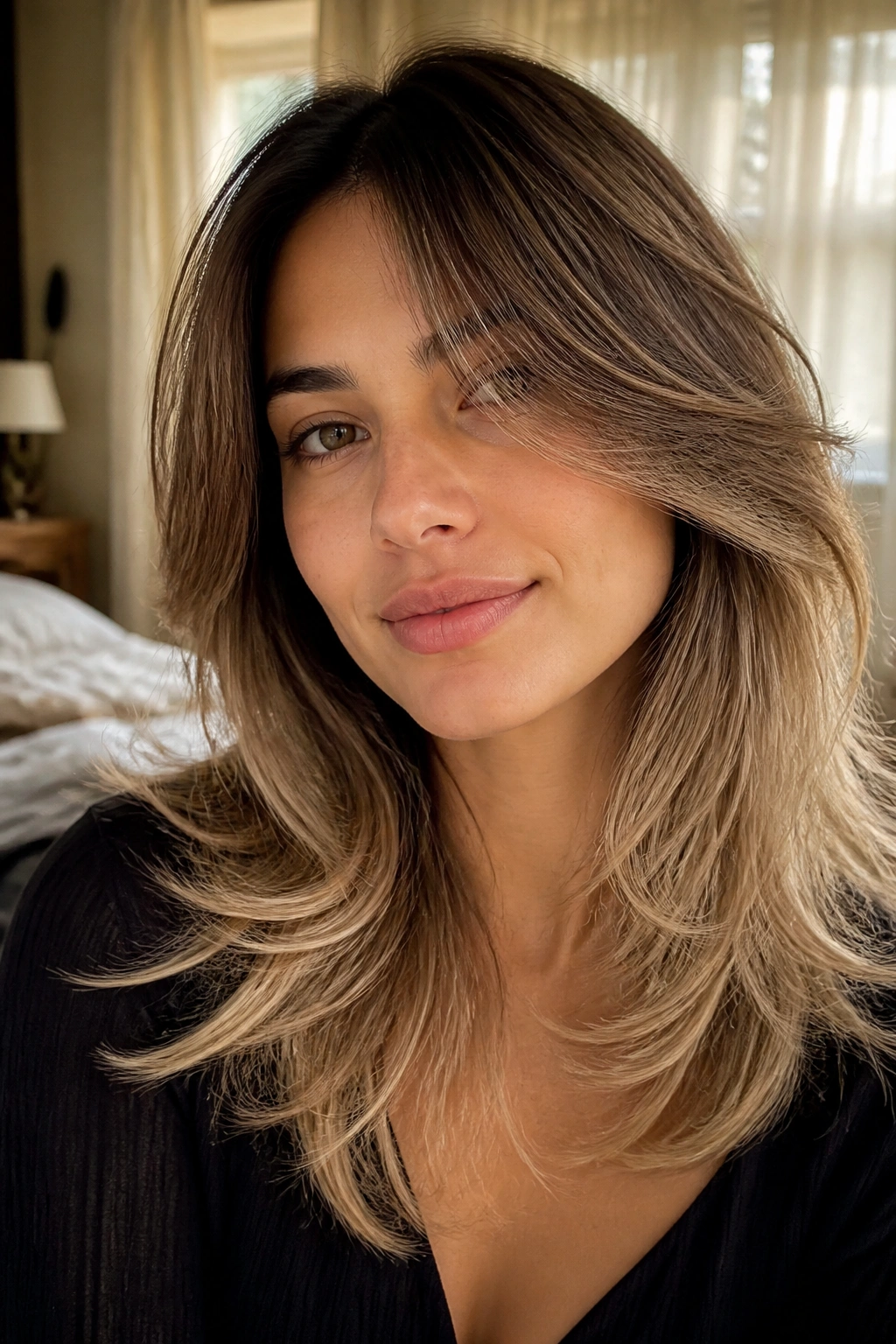 Close-up of a real woman with feathered layers at collarbone length in warm bedroom light