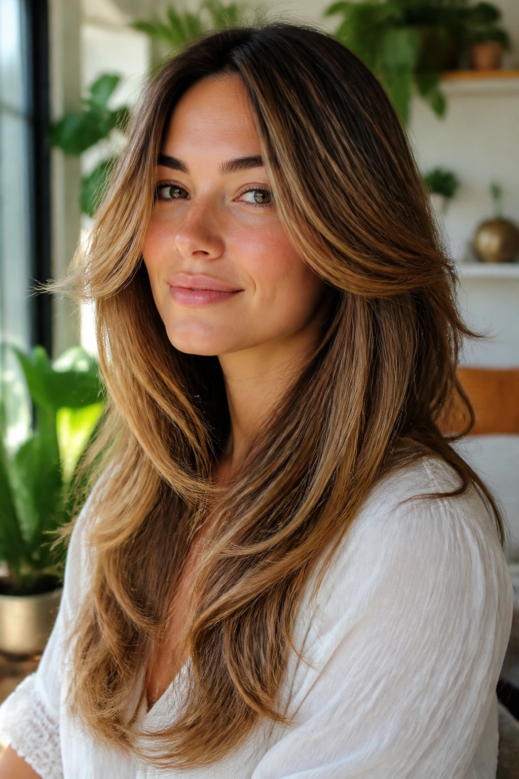 Real woman with feathered long layers softening the ends, in a sunlit setting.
