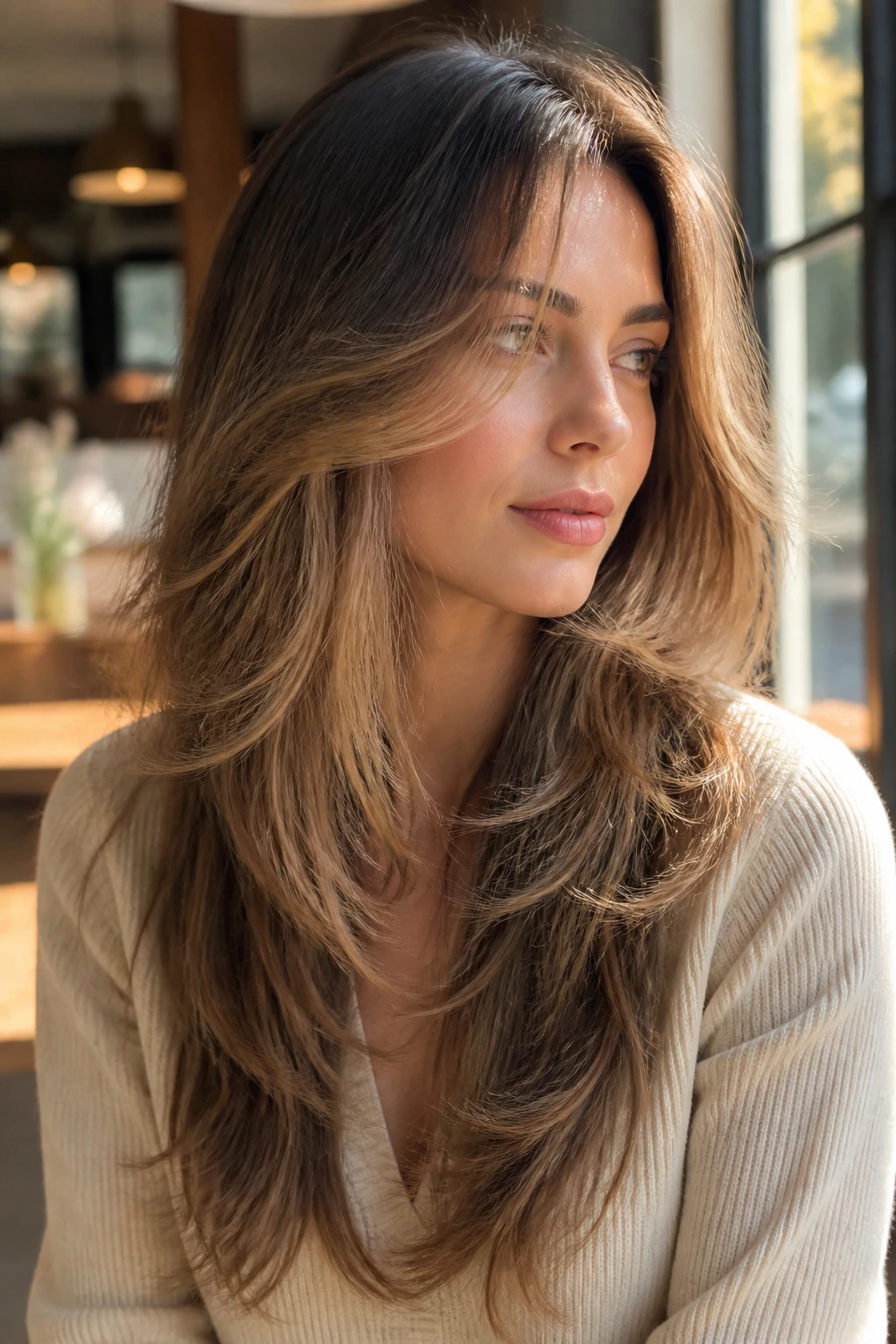 Portrait of a woman with feathered long layers swinging away from the face in warm light