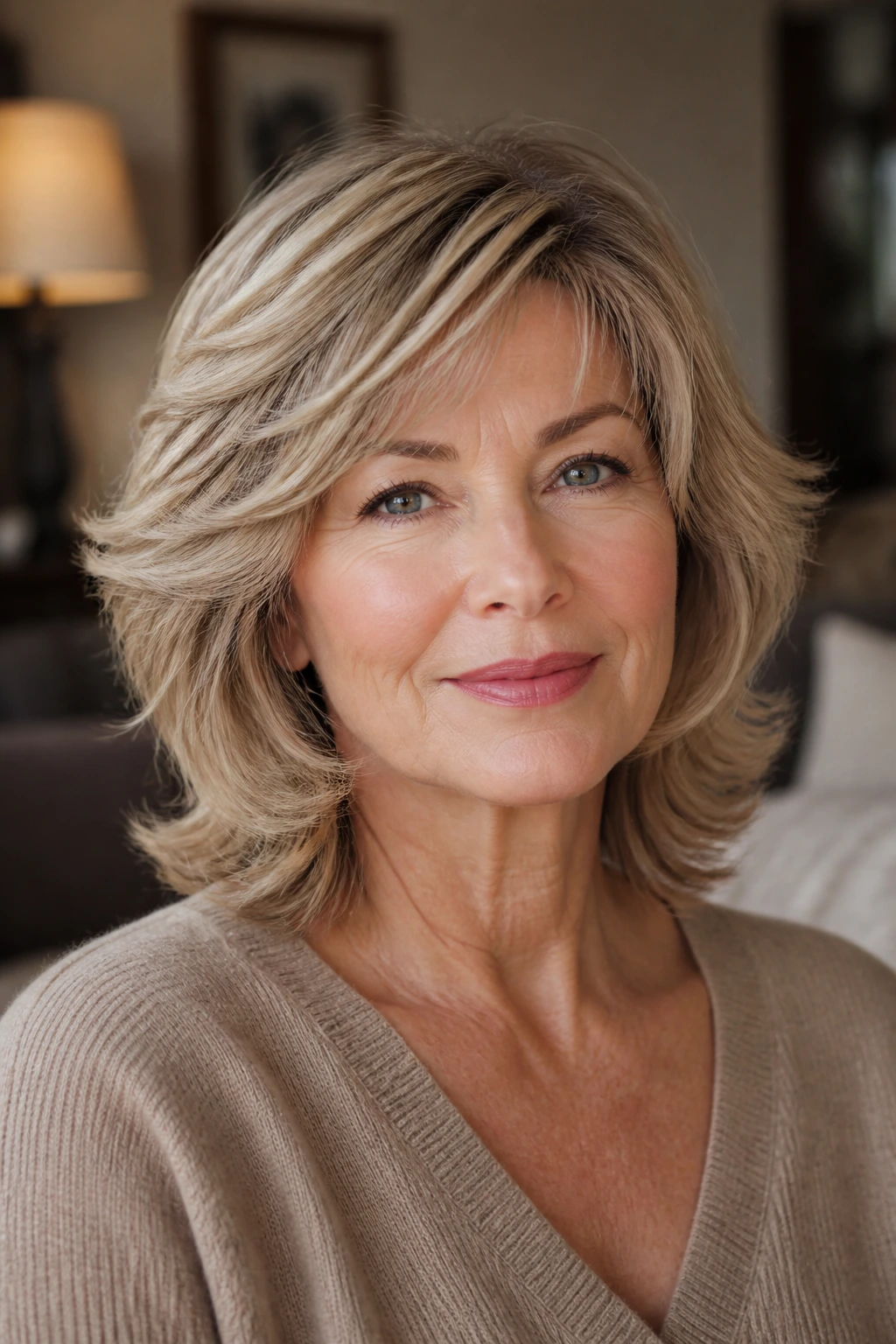 Close-up of a real woman with feathered layered hair around temples and jawline