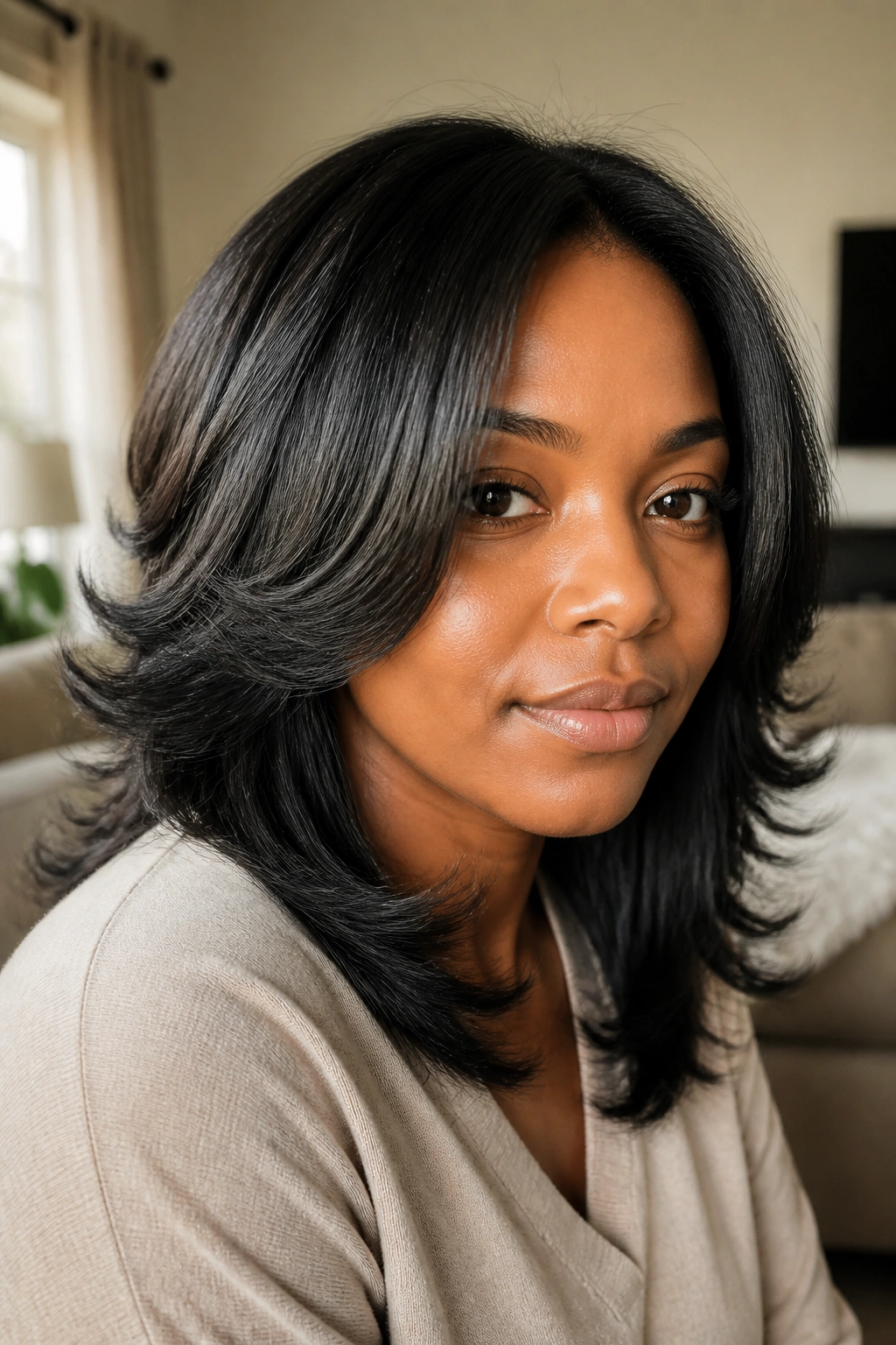 Close-up of a real woman with shoulder-length feathered layers in warm window light