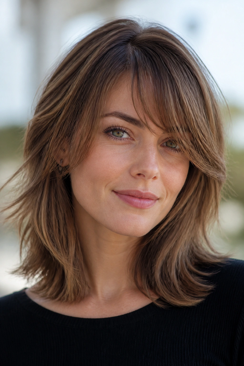 Close-up of a real woman with feathered layers and side bangs