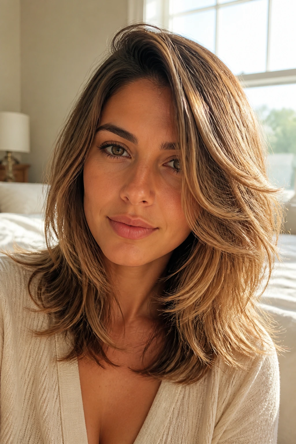 Real person with feathered layers and a side part in a bright morning-lit bedroom.