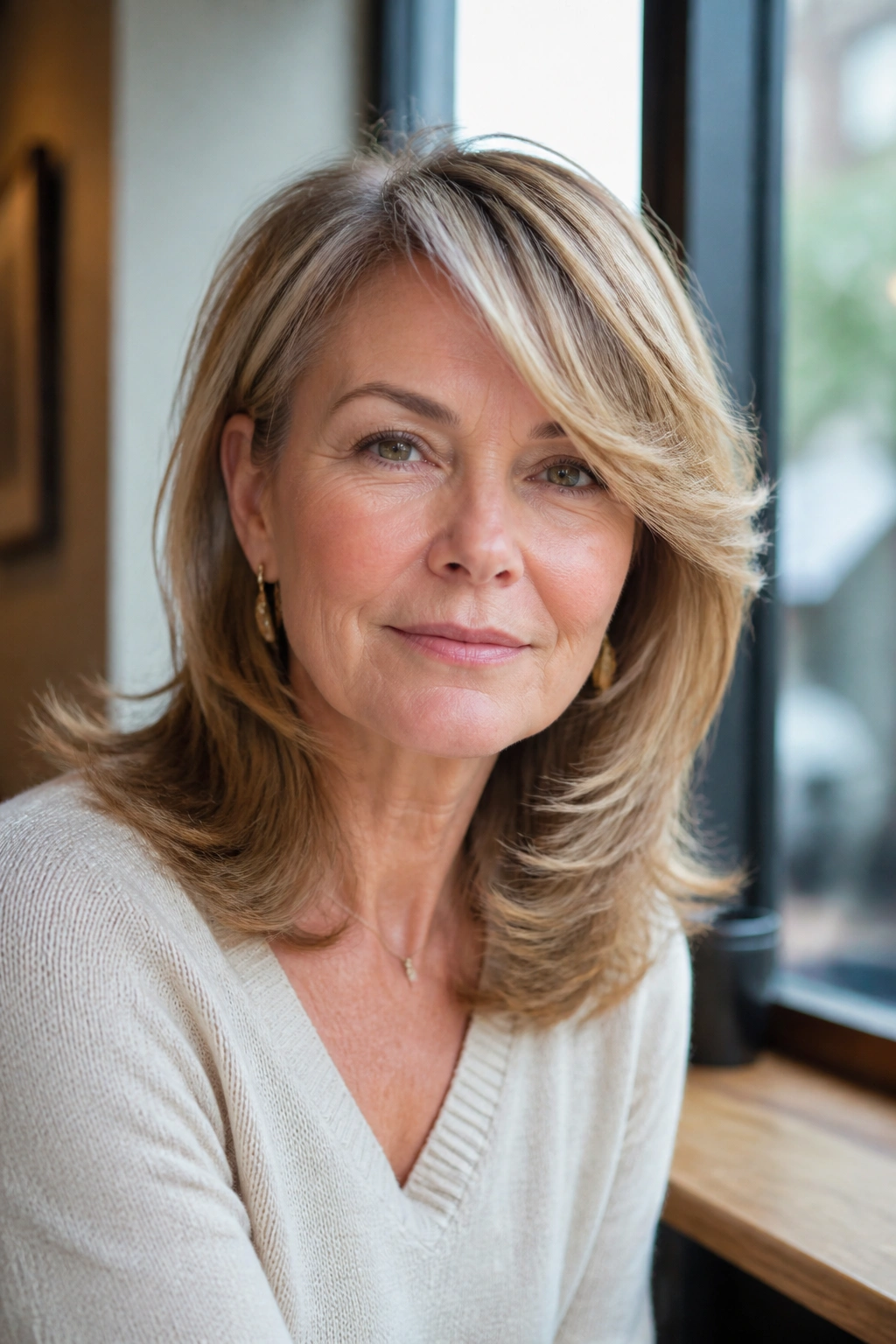 Close-up portrait of a real woman with feathered layers and side-swept bangs.