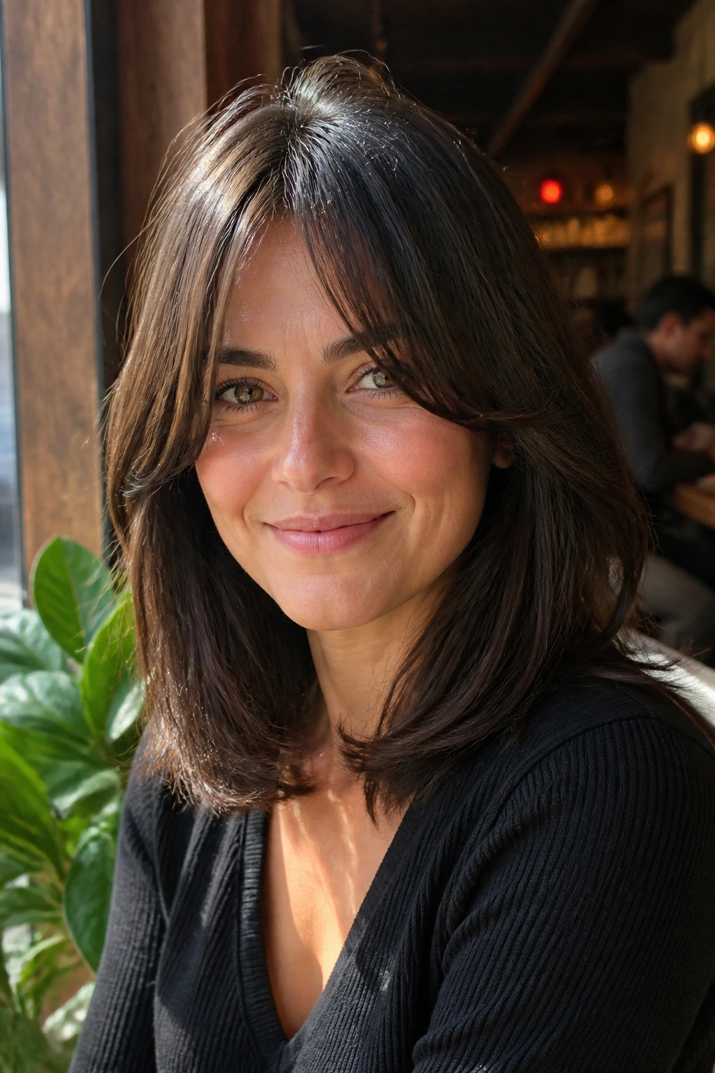 Close-up of a real woman with feathered thick-hair long bob and curtain bangs in cafe window light