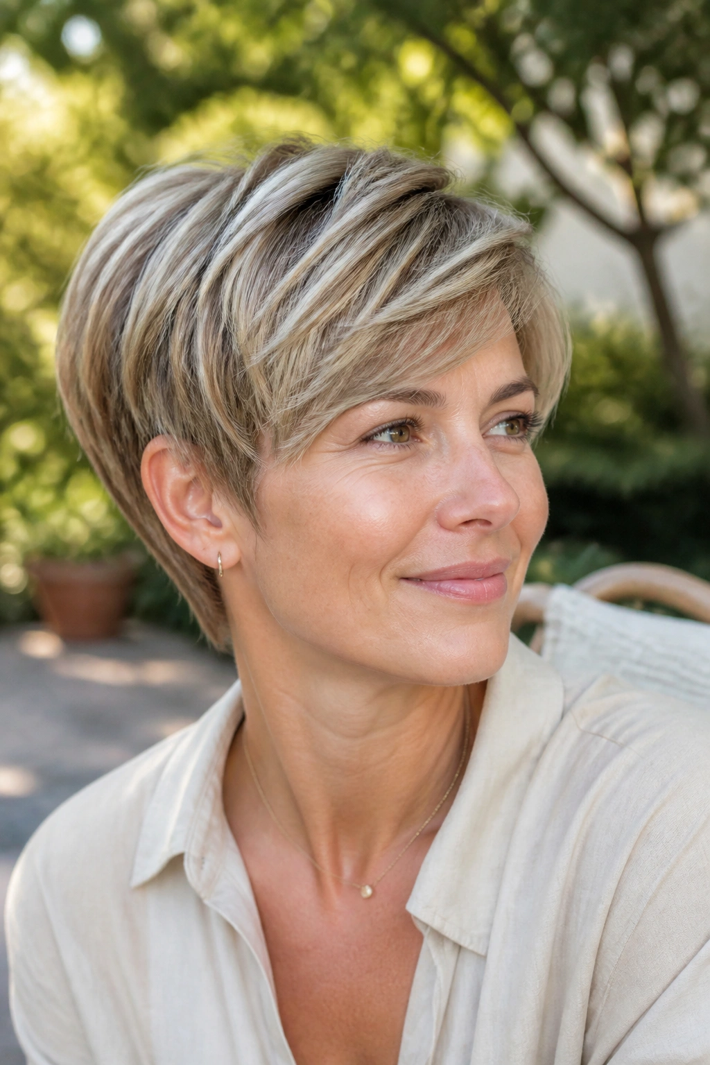 Real person with feathered long pixie and blended ends in sunlit garden