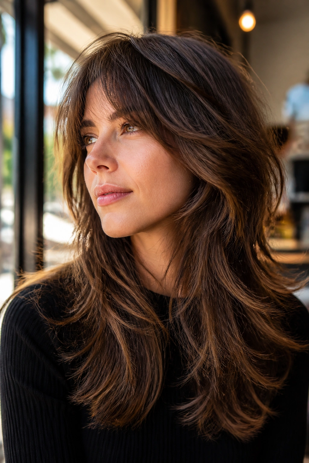 Portrait of a real woman with Feathered Long Shag showing airy, sweeping layers.