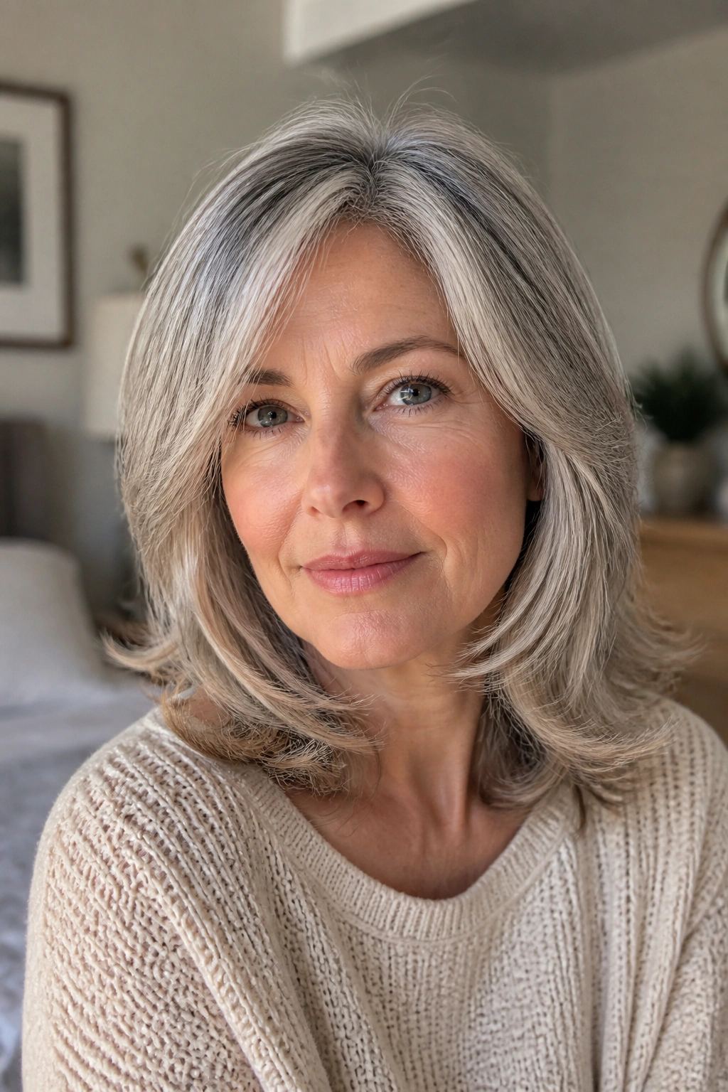 Close-up of a woman with a feathered mid-length cut and soft face-framing ends