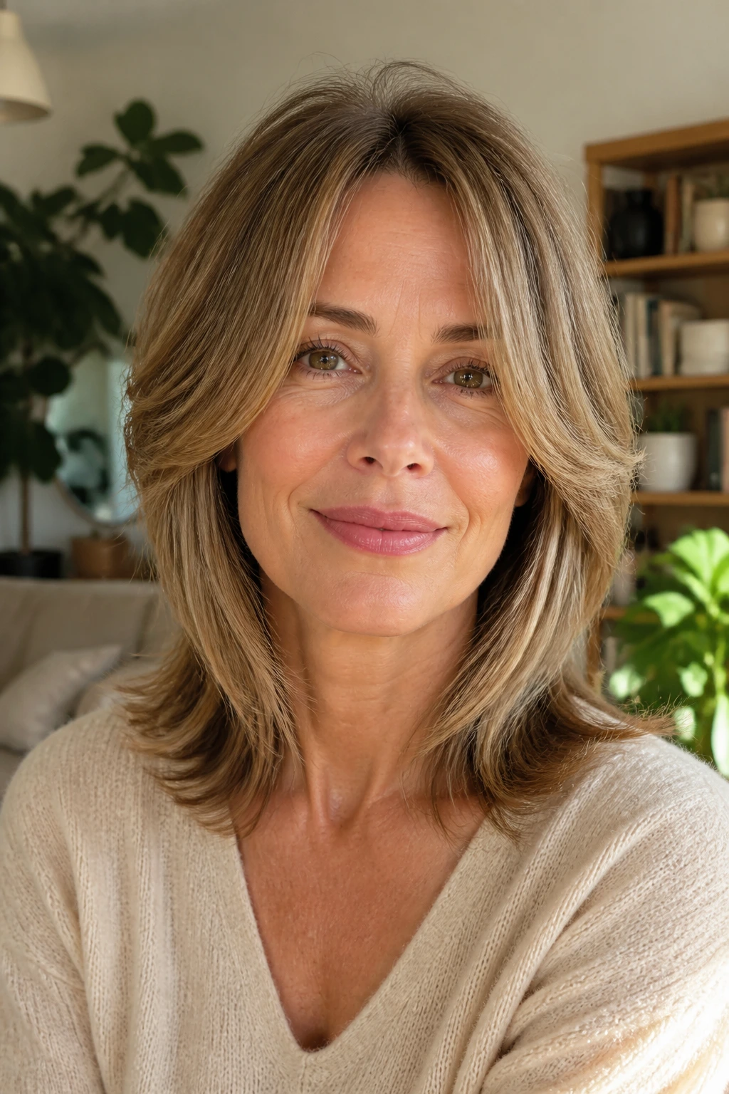 Close-up of a real woman with feathered mid-length cut