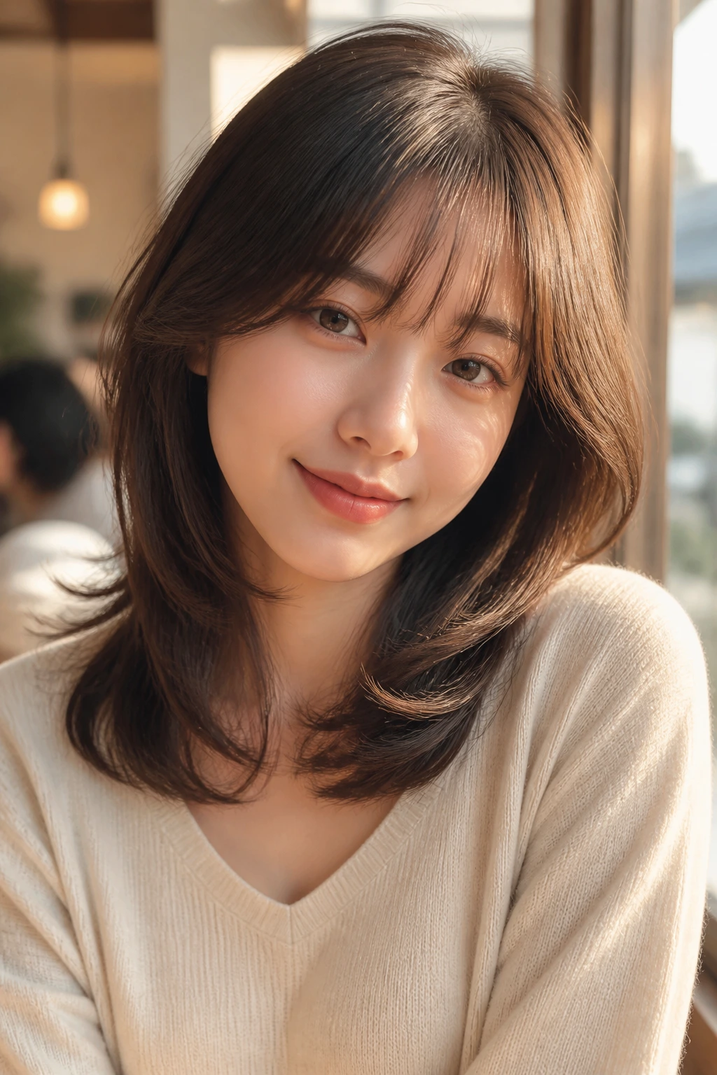 Portrait of a woman with a feathered mid-length cut and soft bangs.