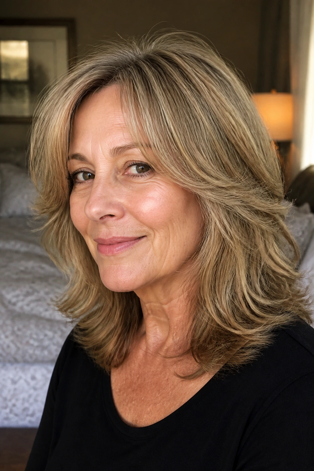 Close-up portrait of a woman with feathered mid-length hair.